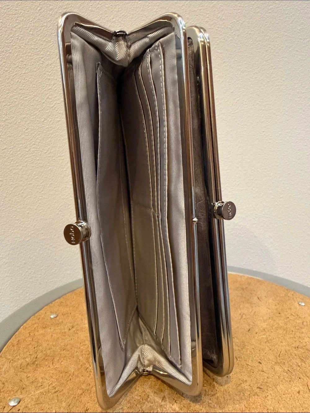 Gray Leather Hobo Laure Double Frame Clutch Wallet